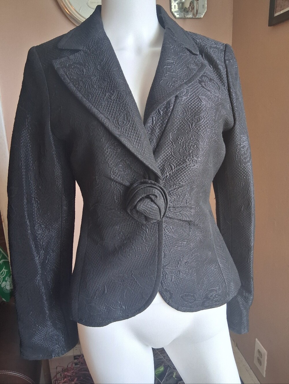Elegant Black Women's Tailored Jacket with Rosette Detail